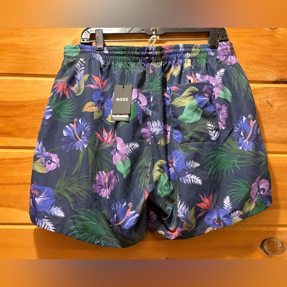 Boss Navy Floral Swim Trunks with Purple & Pink Accents size XL NWT